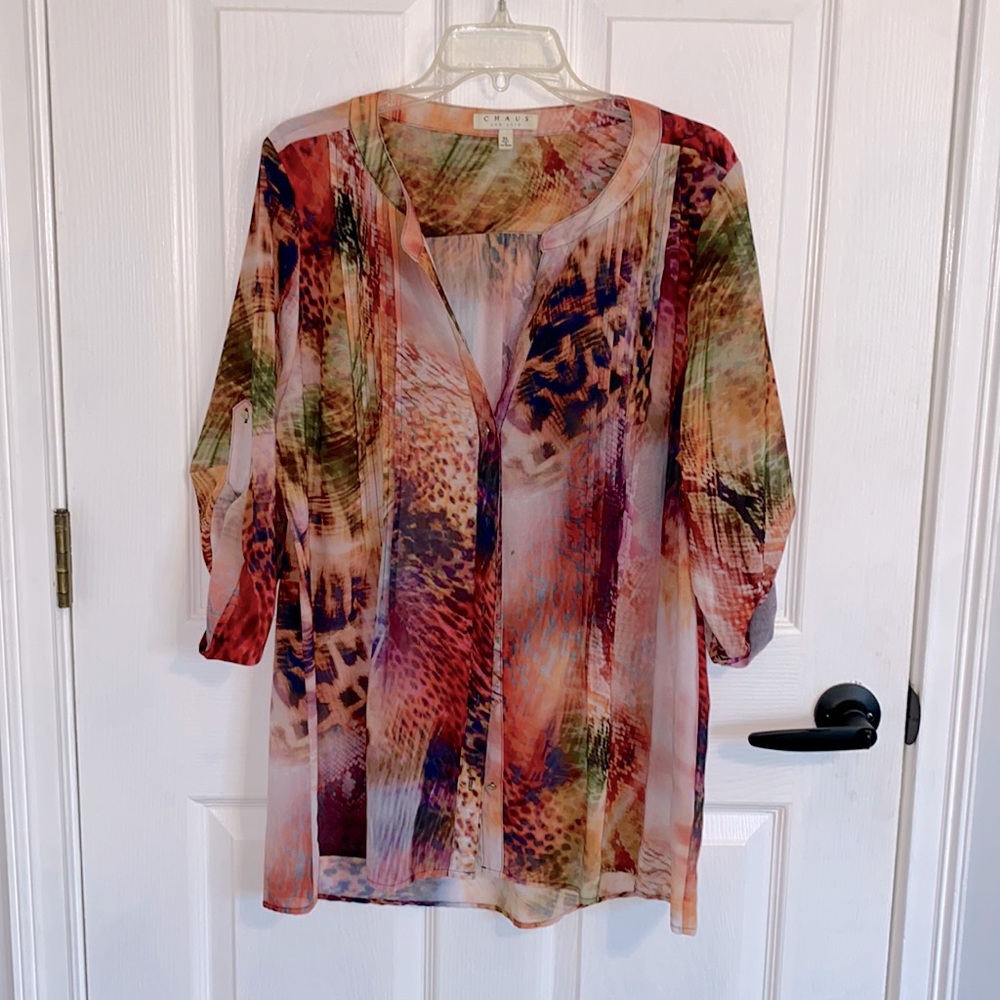 Ladies Top, Sheer Size XL in bold print. NWOT, never worn. Machine washable.